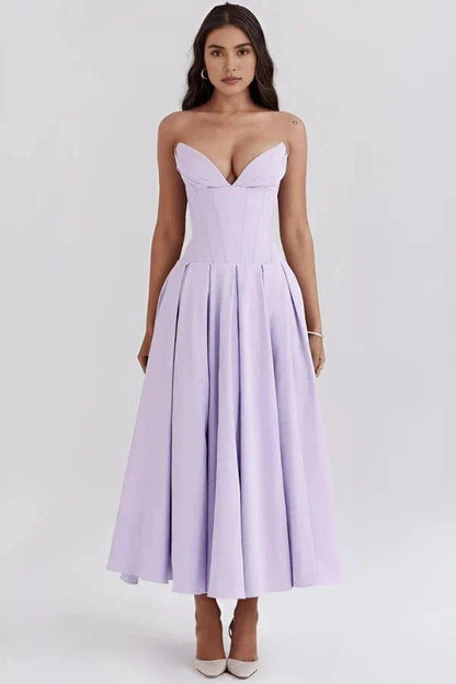 Lilac strapless corset midi dress with sweetheart neckline and pleated skirt detail