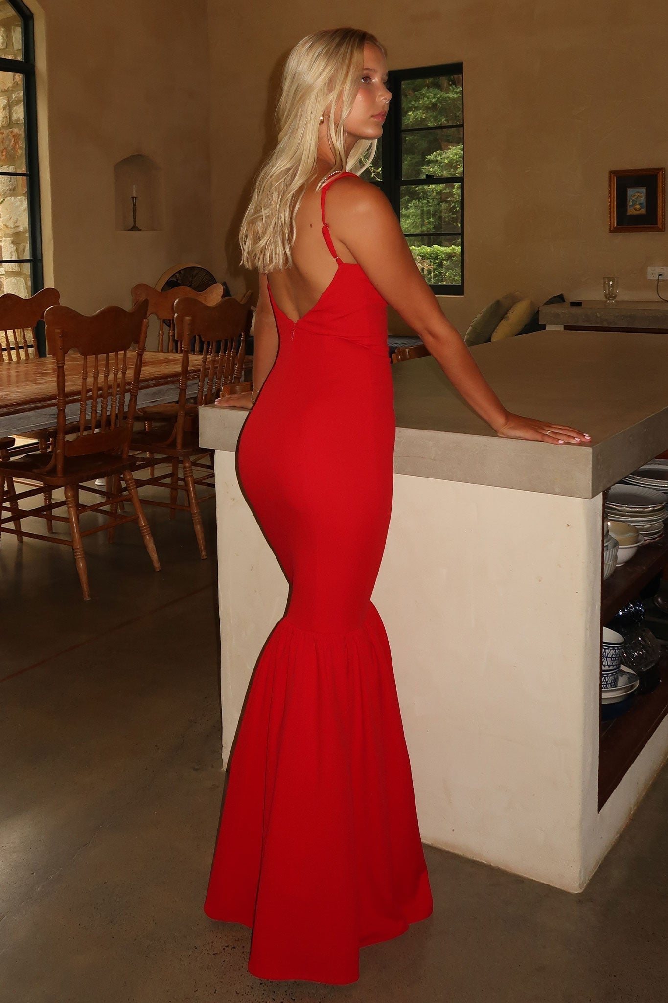 Red prom maxi dress with low V-back and mermaid silhouette for women