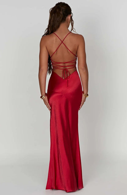 Back view of red satin maxi dress with crisscross straps