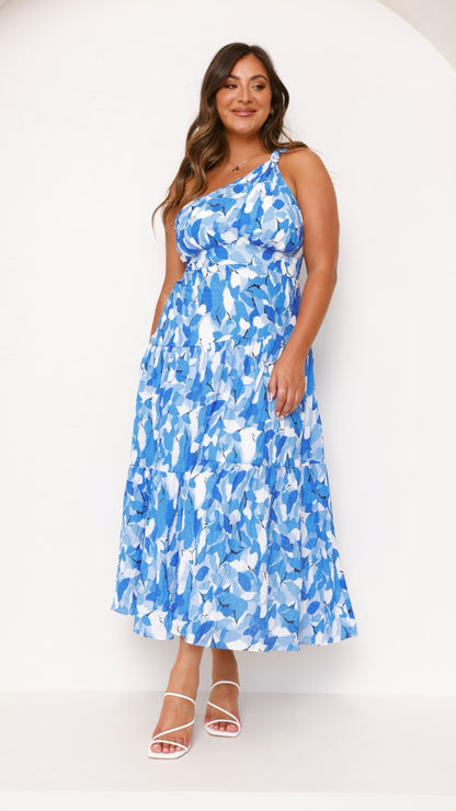 Blue and white tiered midi dress one-shoulder neckline detail