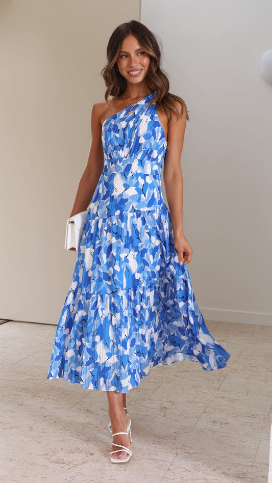 Blue and white abstract print one-shoulder tiered midi dress