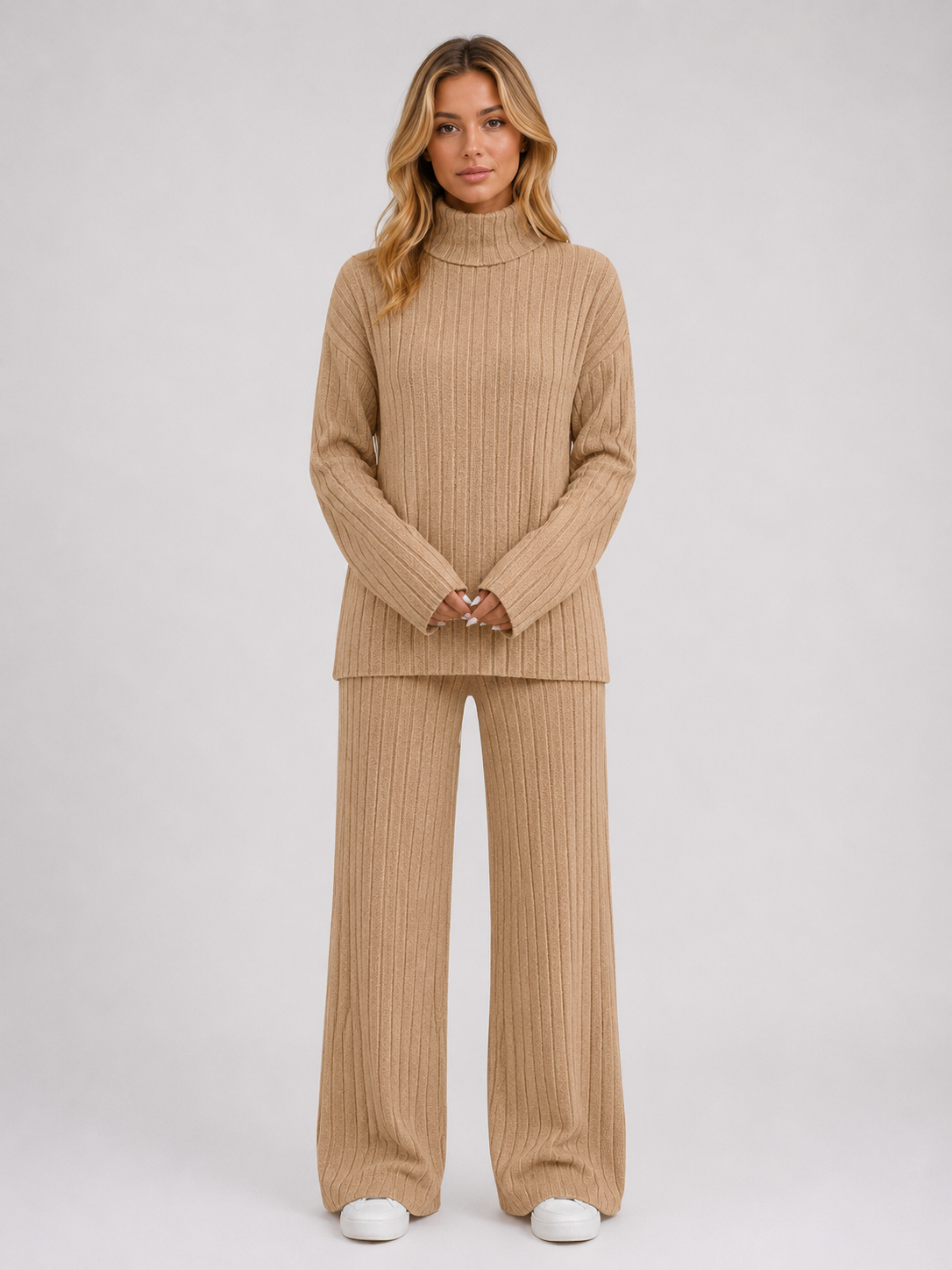 Selma Roll Neck Ribbed Knit Lounge Set - Beige