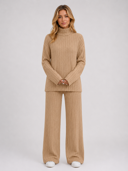 Selma Roll Neck Ribbed Knit Lounge Set - Beige