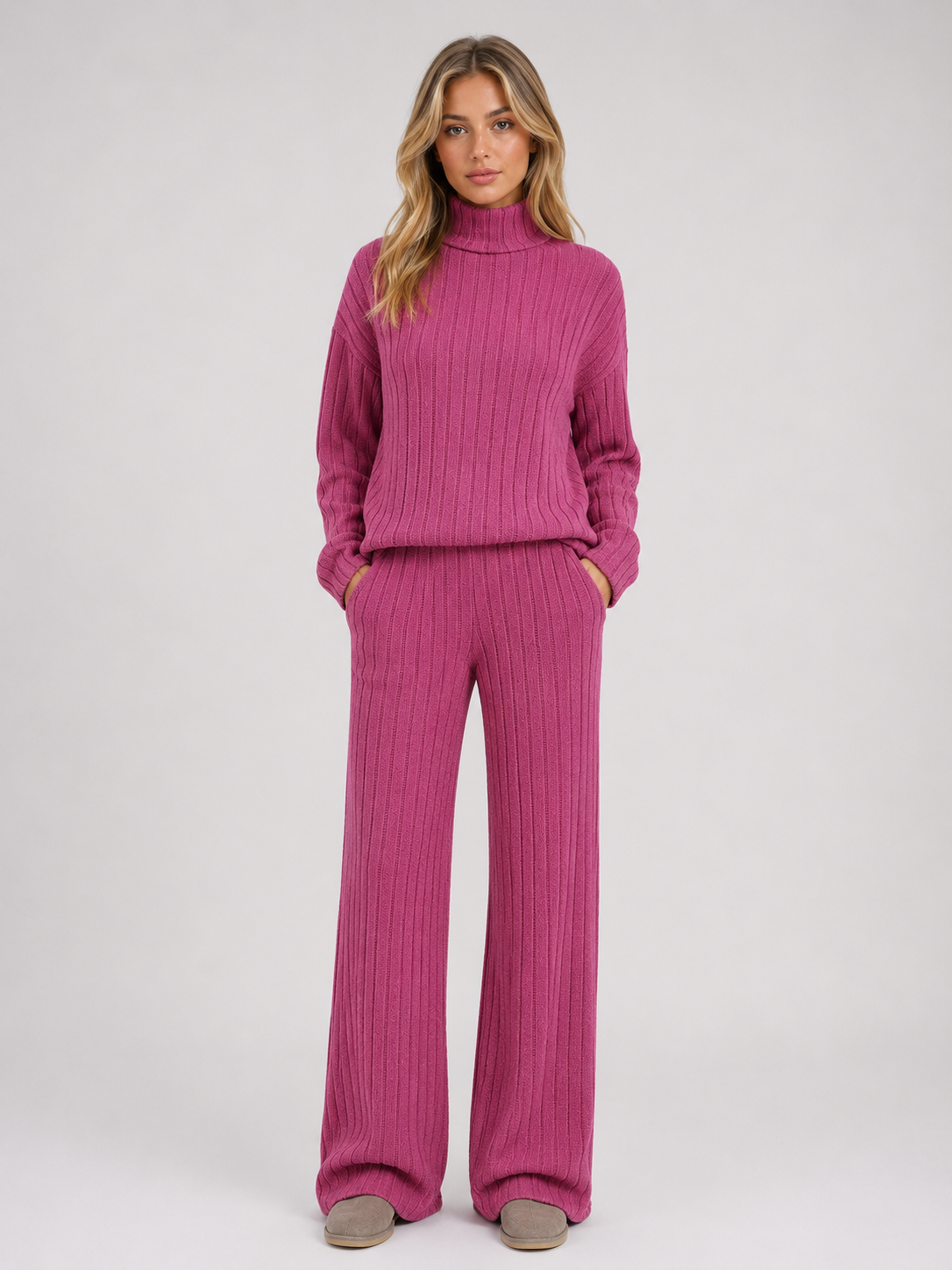 Selma Roll Neck Ribbed Knit Lounge Set - Berry Pink