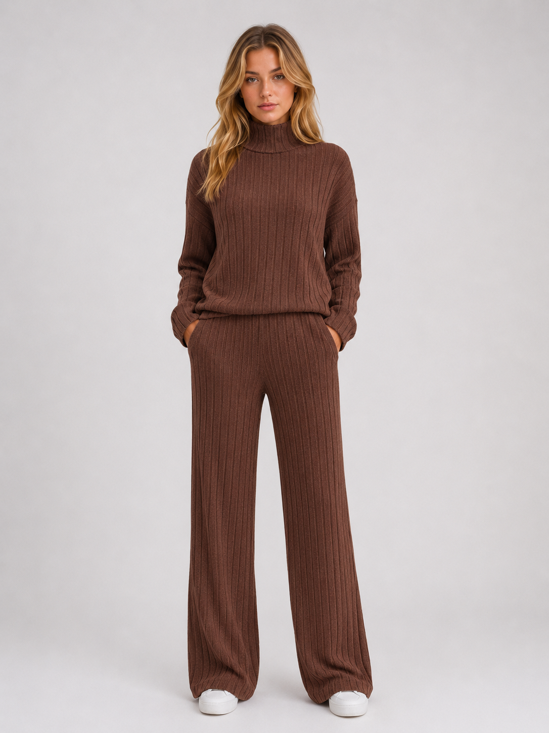 Selma Roll Neck Ribbed Knit Lounge Set - Chocolate Brown