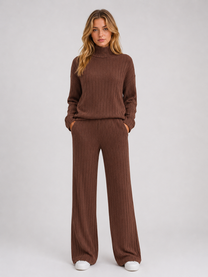 Selma Roll Neck Ribbed Knit Lounge Set - Chocolate Brown