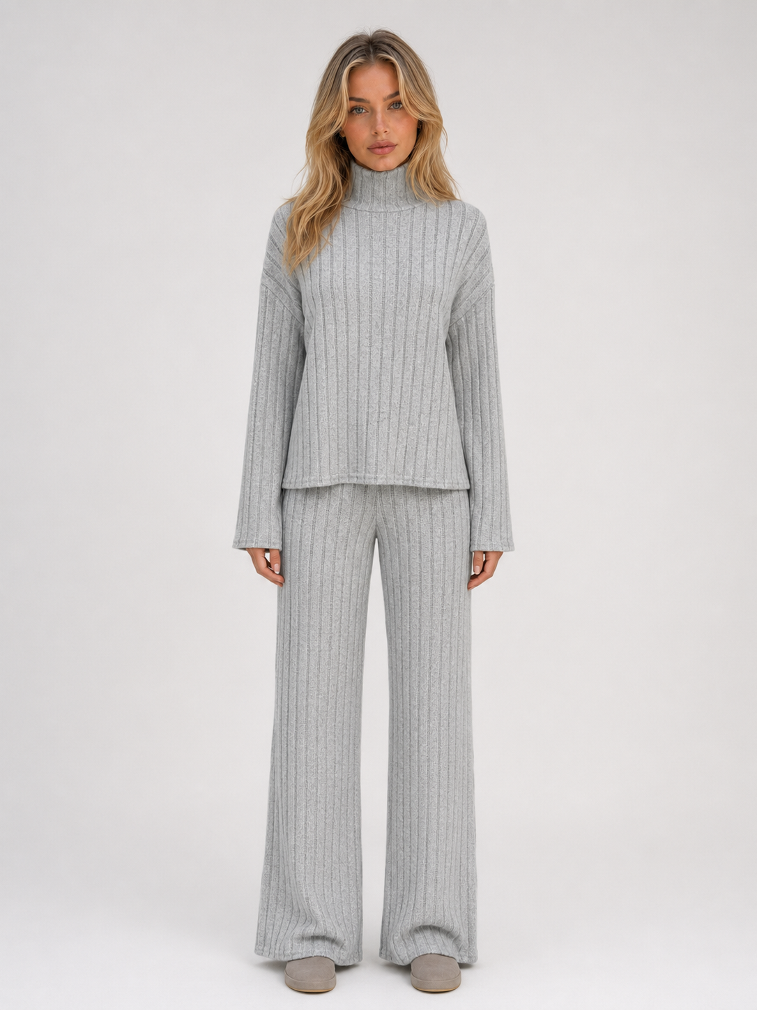 Selma Roll Neck Ribbed Knit Lounge Set - Gray
