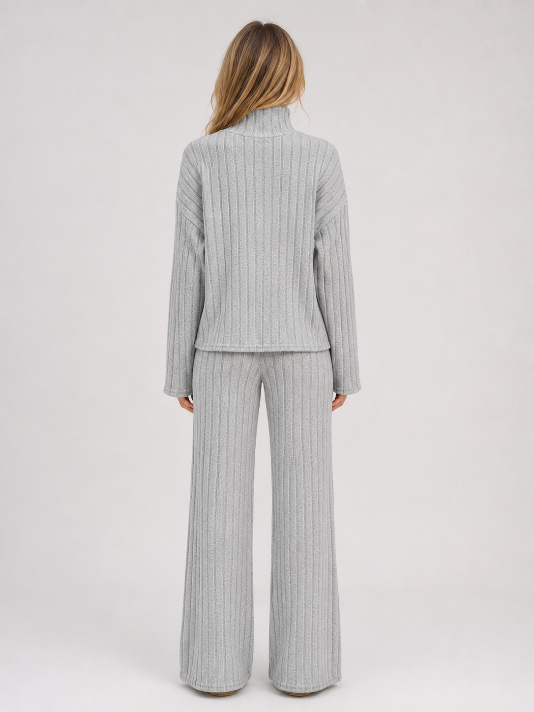 Selma Roll Neck Ribbed Knit Lounge Set - Gray