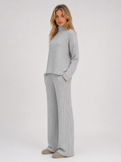Selma Roll Neck Ribbed Knit Lounge Set - Gray