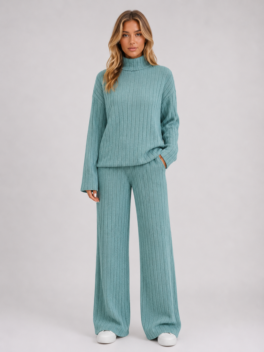 Selma Roll Neck Ribbed Knit Lounge Set - Sage Green