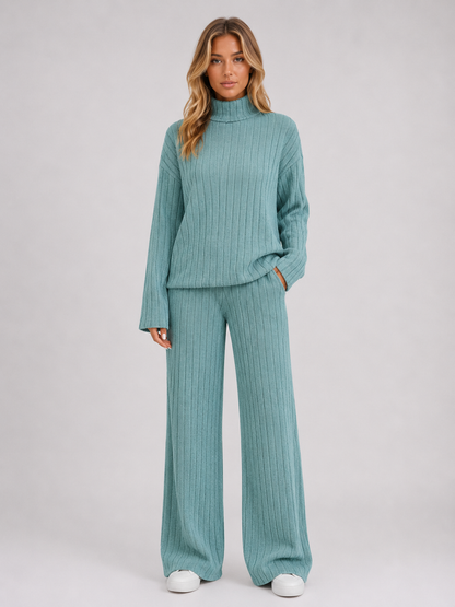 Selma Roll Neck Ribbed Knit Lounge Set - Sage Green