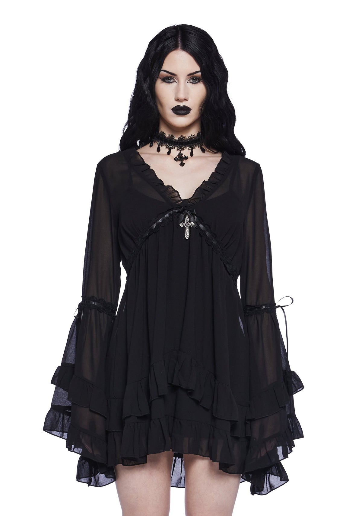 Shanti Sheer Ruffle Bell Sleeve Mini Dress - Black