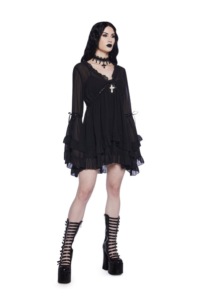 Shanti Sheer Ruffle Bell Sleeve Mini Dress - Black