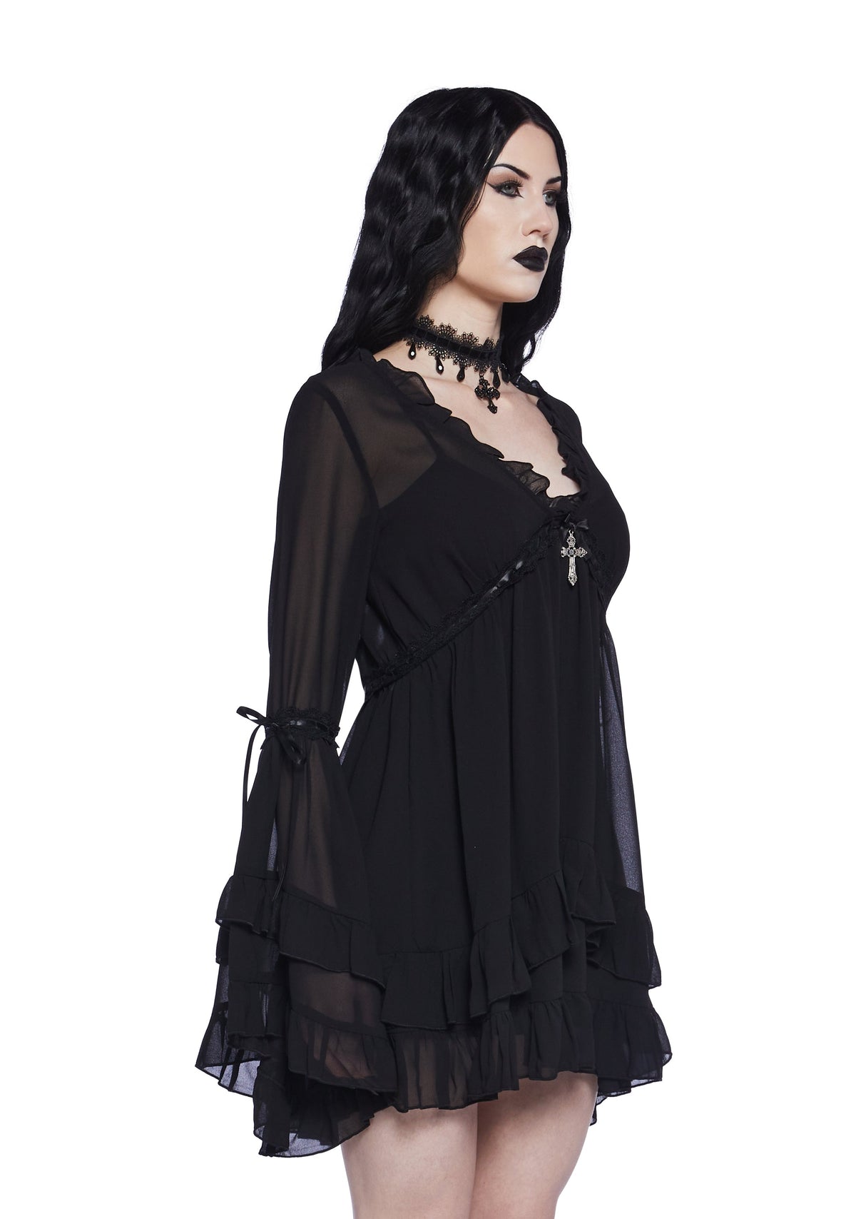 Shanti Sheer Ruffle Bell Sleeve Mini Dress - Black