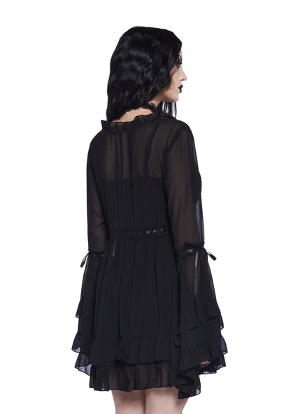 Shanti Sheer Ruffle Bell Sleeve Mini Dress - Black