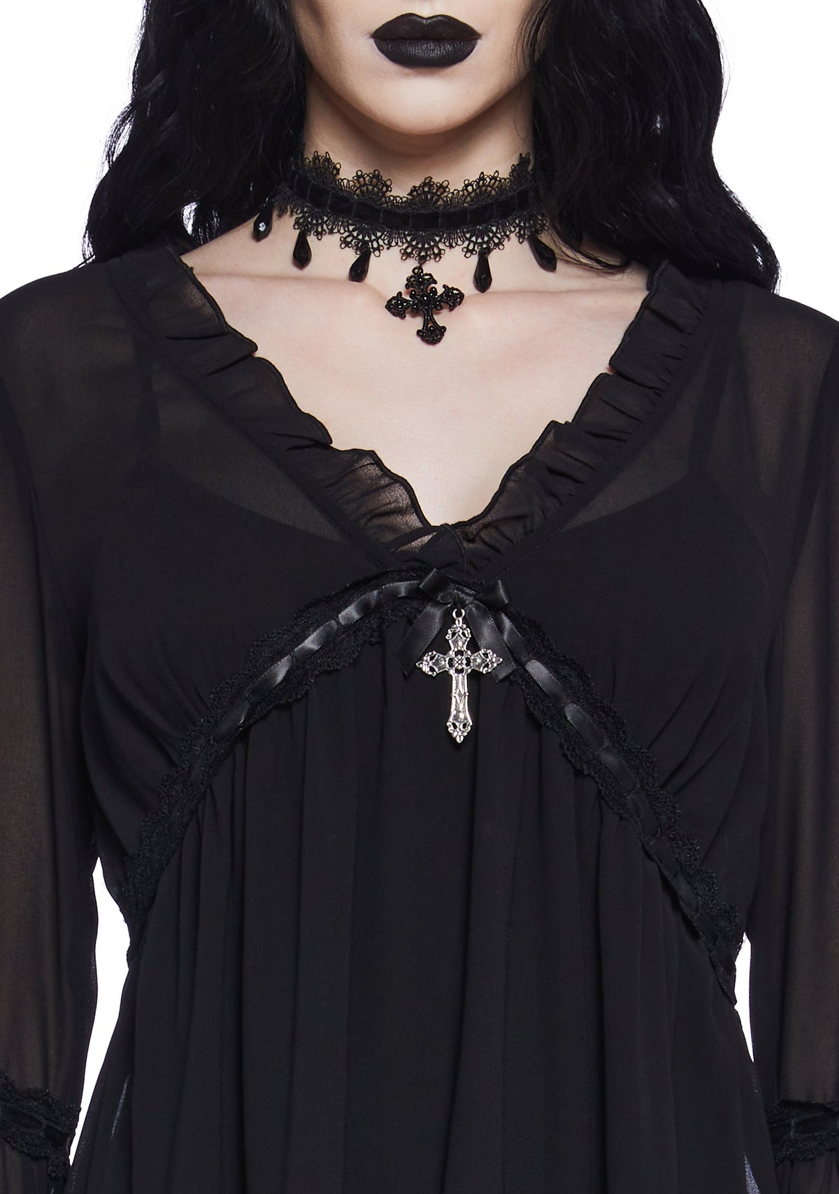 Shanti Sheer Ruffle Bell Sleeve Mini Dress - Black