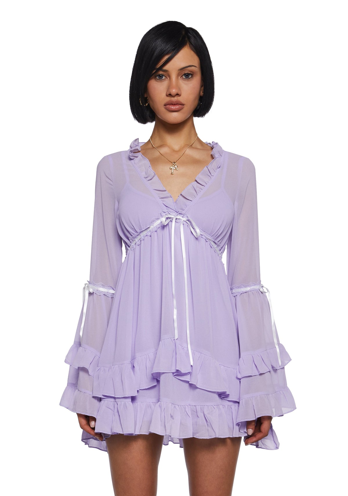 Shanti Sheer Ruffle Bell Sleeve Mini Dress - Lavender