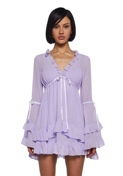 Shanti Sheer Ruffle Bell Sleeve Mini Dress - Lavender