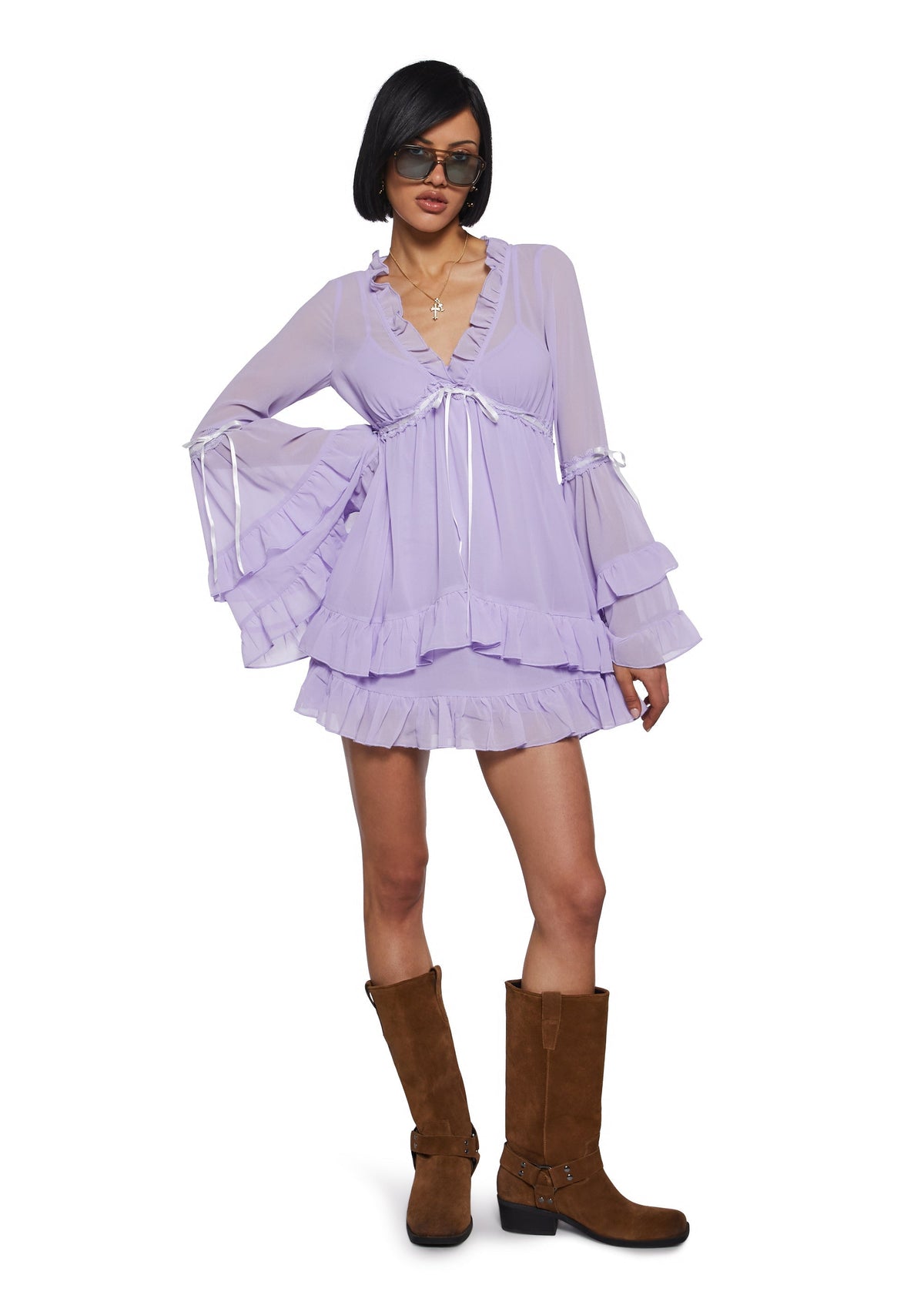Shanti Sheer Ruffle Bell Sleeve Mini Dress - Lavender