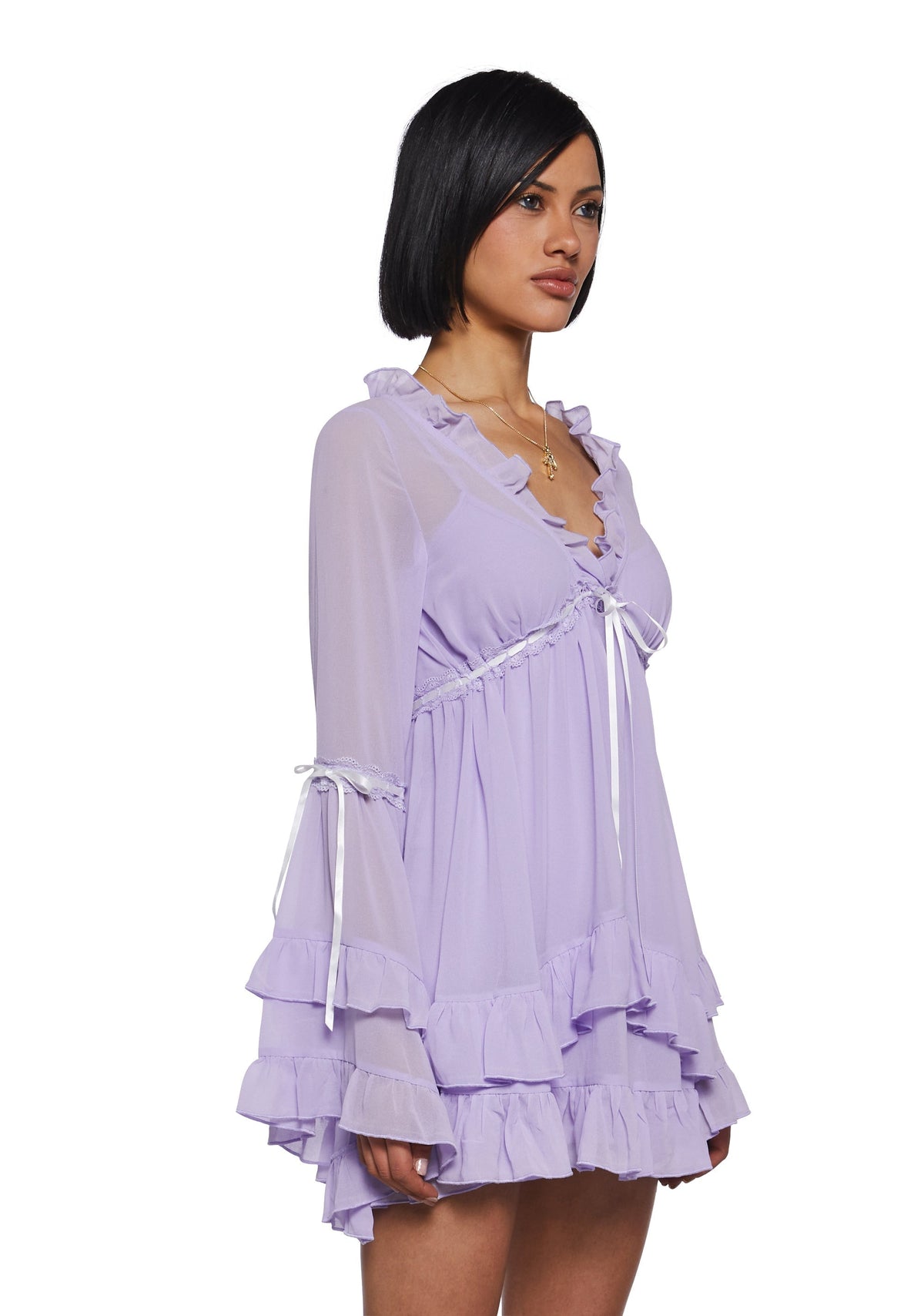 Shanti Sheer Ruffle Bell Sleeve Mini Dress - Lavender