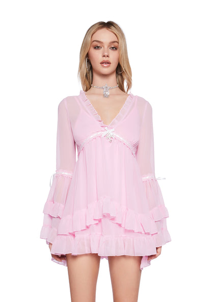 Shanti Sheer Ruffle Bell Sleeve Mini Dress - Light Pink