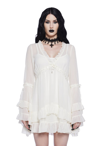 Shanti Sheer Ruffle Bell Sleeve Mini Dress - White