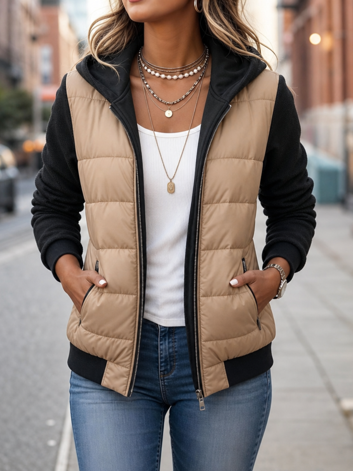 Sian Quilted Puffer Knit Sleeve Jacket - Black