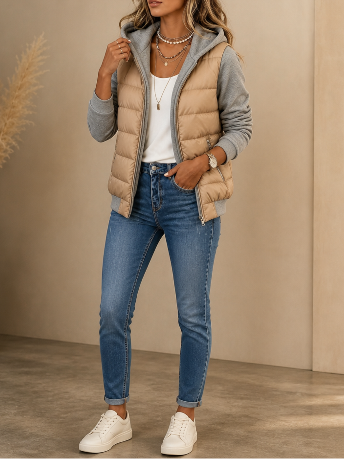 Sian Quilted Puffer Knit Sleeve Jacket - Gray