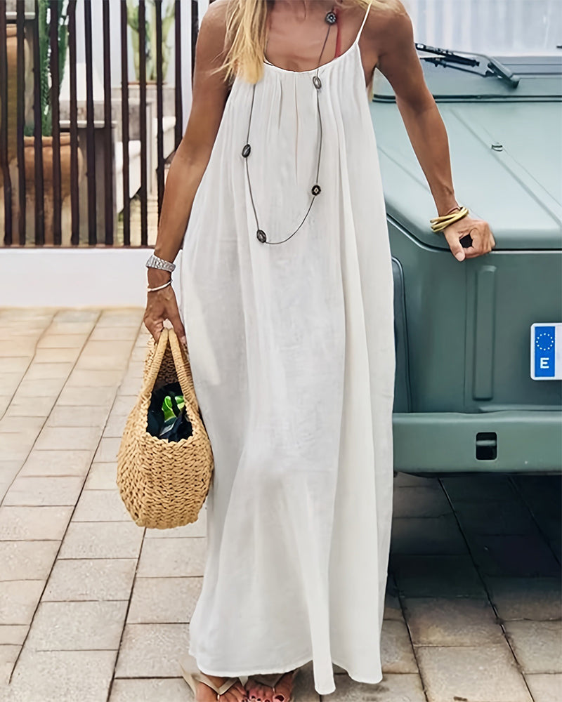 Off-white sleeveless maxi dress with relaxed fit and long flowing silhouette