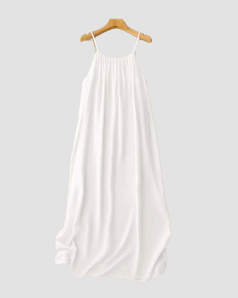 Cream textured maxi dress on wooden hanger with gathered neckline