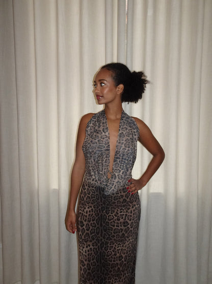 Gray leopard halter maxi dress with open back and deep V-neckline