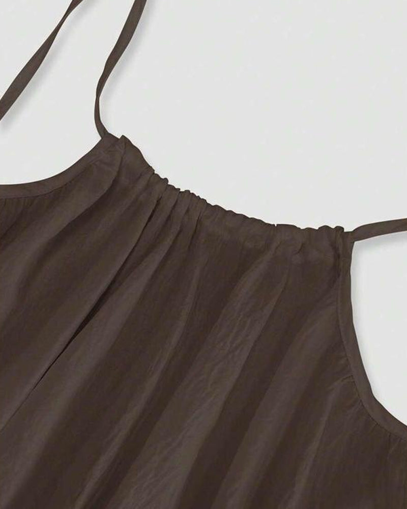 Lavender backless maxi dress with spaghetti straps and gathered bodice