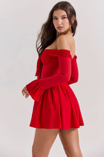 Red off-shoulder bow mini dress back view with flared long sleeves