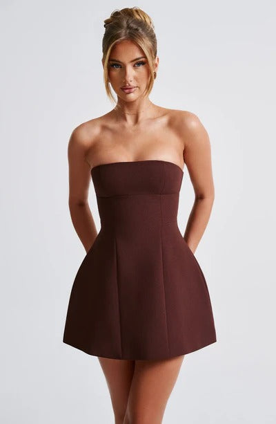 Burgundy bubble mini dress front view with fitted waist and pockets