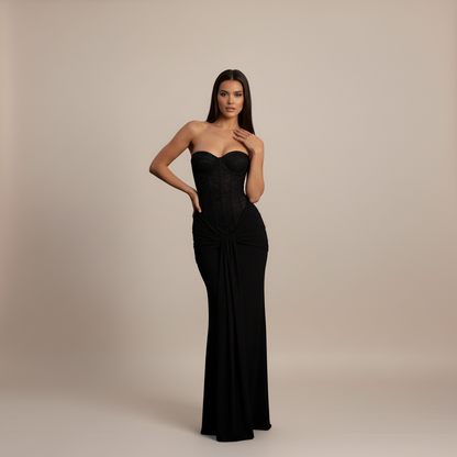 Black strapless formal maxi dress with structured corset bodice and floor-length skirt for women