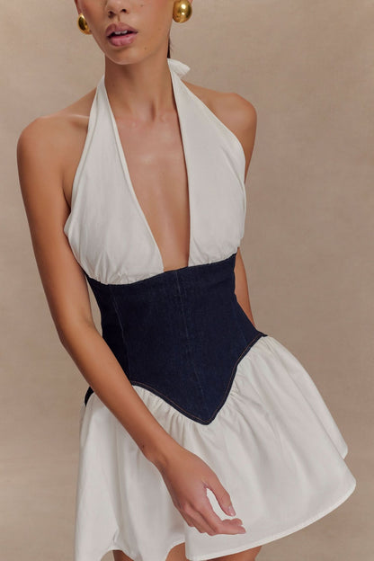 Women's Cocktail Halter Plunge Mini Dress With Corset Waist - product image 3