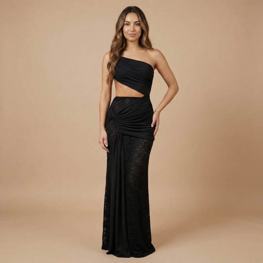 Black one-shoulder lace maxi dress with waist cutout and ruched hip drape for women