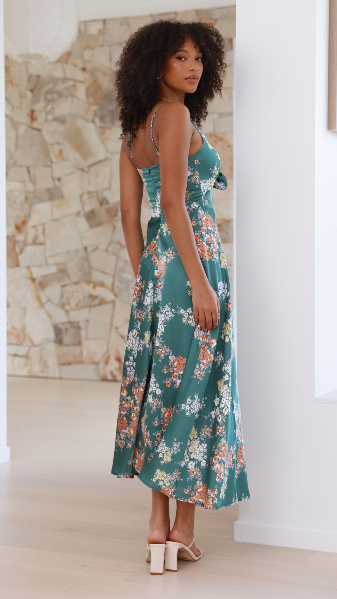Women's Teal Floral Cutout Midi Dress