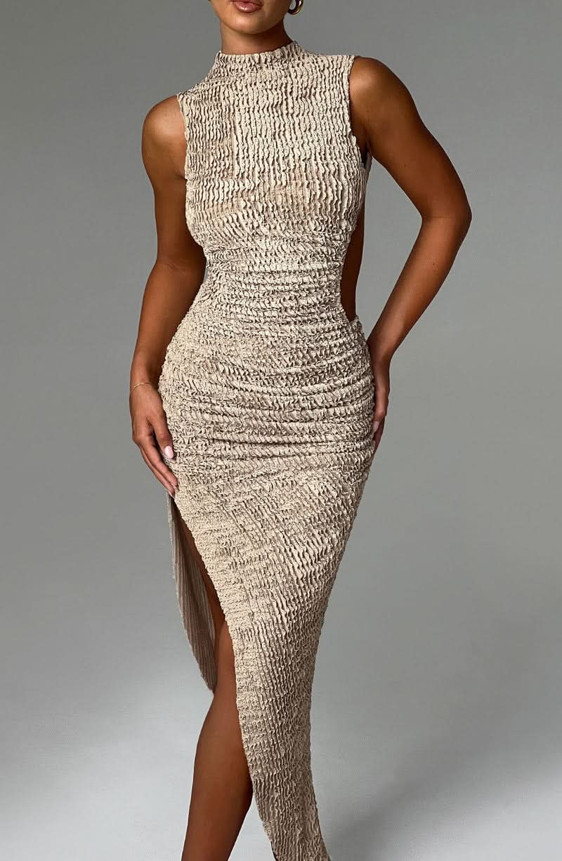 Women's Cocktail Ruched High Neck Midi Dress with Slit - product image 3