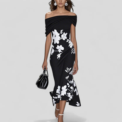 Black floral off-shoulder draped midi dress with white botanical print for women
