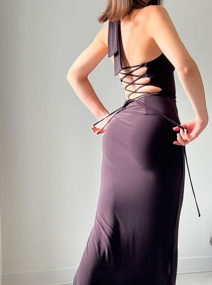 Mauve halter maxi dress with lace-up back detail and flowing skirt