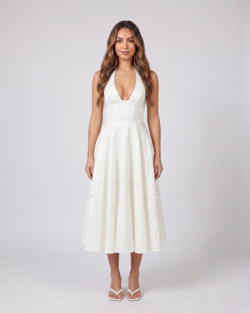 ivory floral jacquard halter midi dress front view with tonal floral jacquard relief