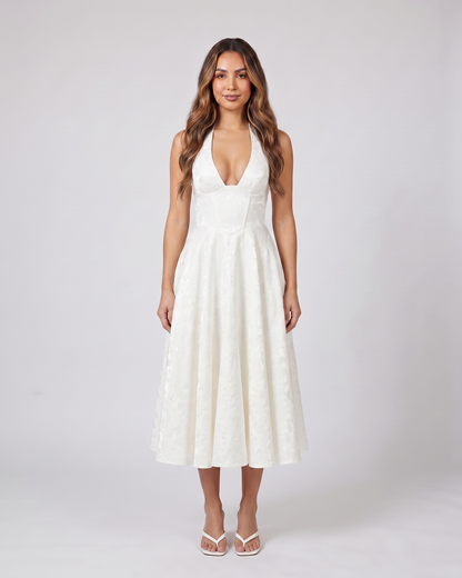 ivory floral jacquard halter midi dress front view with tonal floral jacquard relief