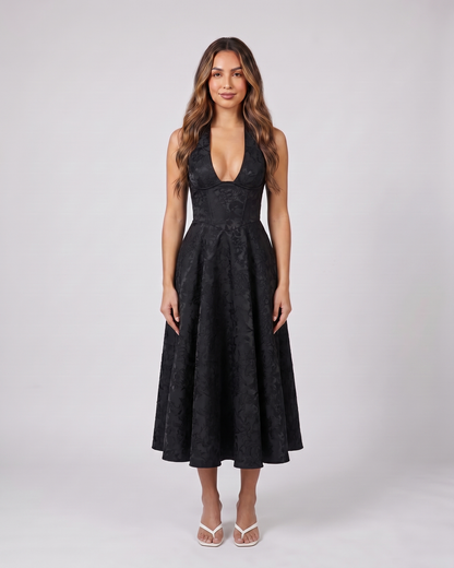 black floral jacquard halter midi dress front view with tonal floral jacquard relief