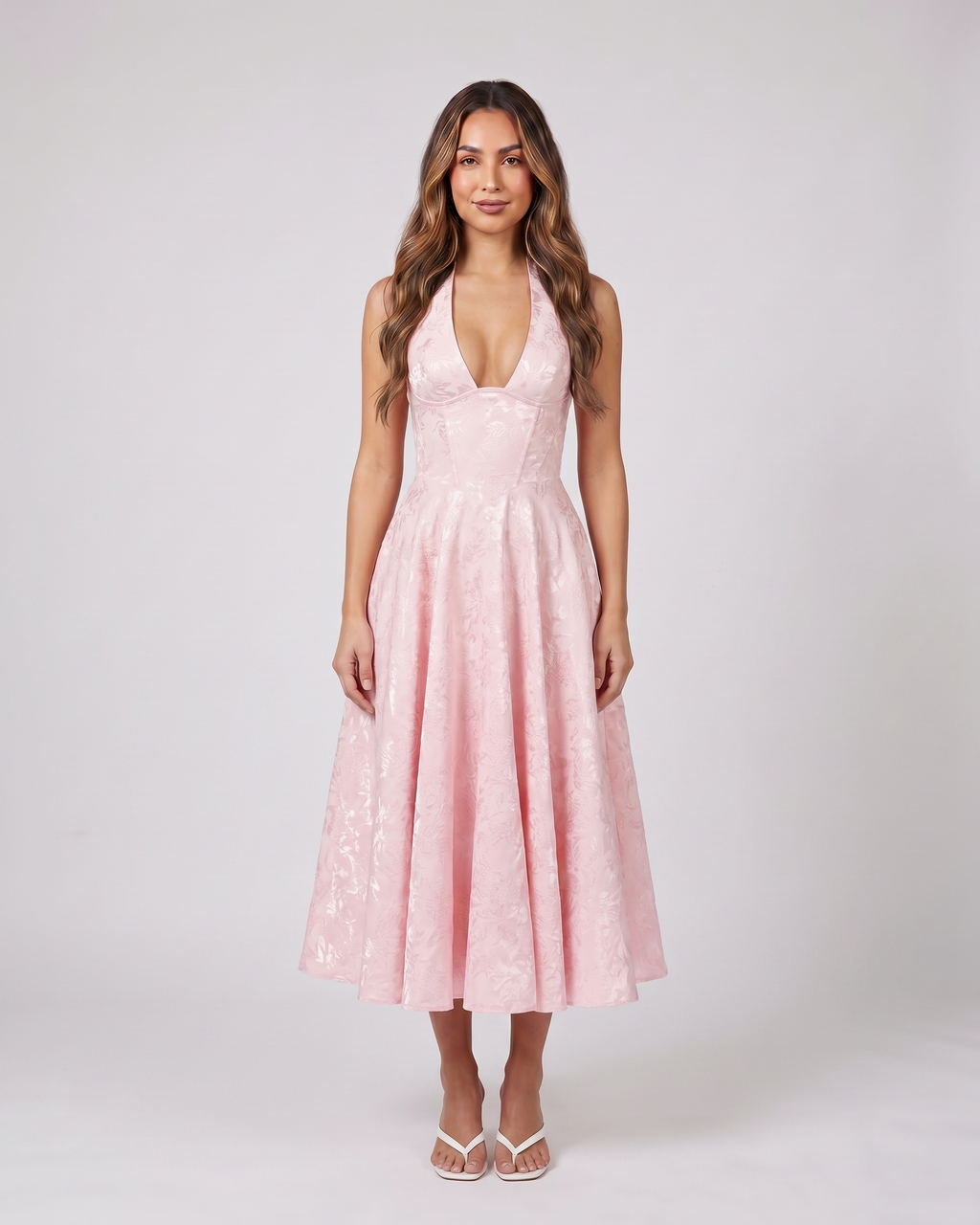 pink floral jacquard halter midi dress front view with tonal floral jacquard relief