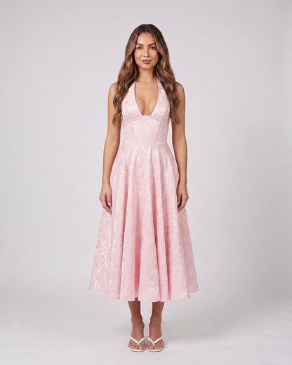 pink floral jacquard halter midi dress front view with tonal floral jacquard relief