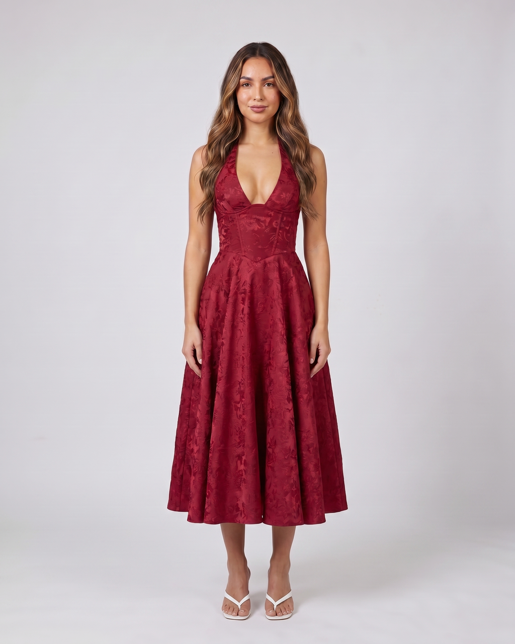 red floral jacquard halter midi dress front view with tonal floral jacquard relief