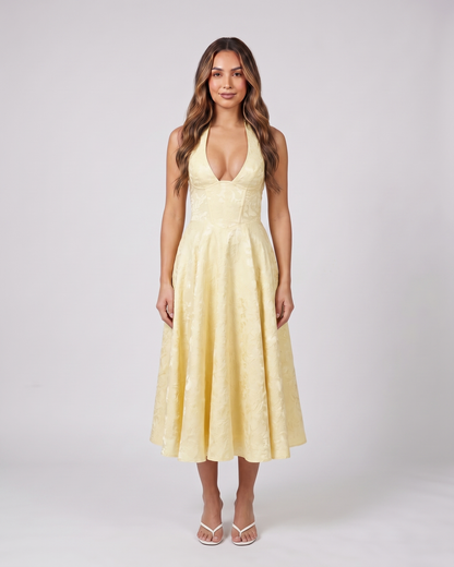 yellow floral jacquard halter midi dress front view with tonal floral jacquard relief