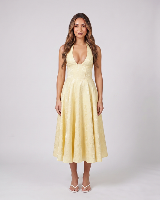 yellow floral jacquard halter midi dress front view with tonal floral jacquard relief
