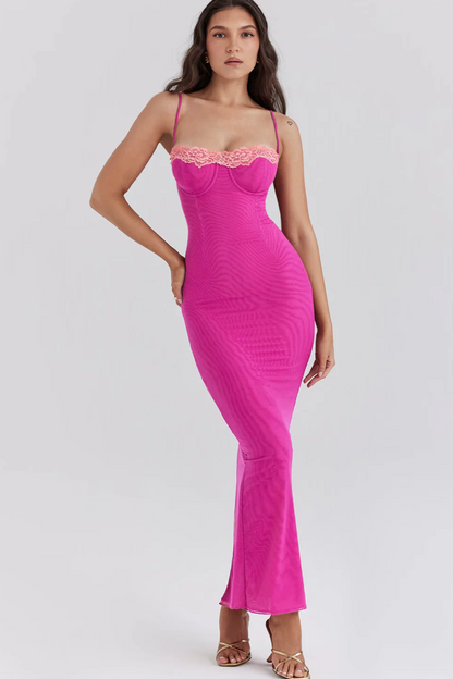 Magenta maxi dress with pink lace trim and spaghetti straps